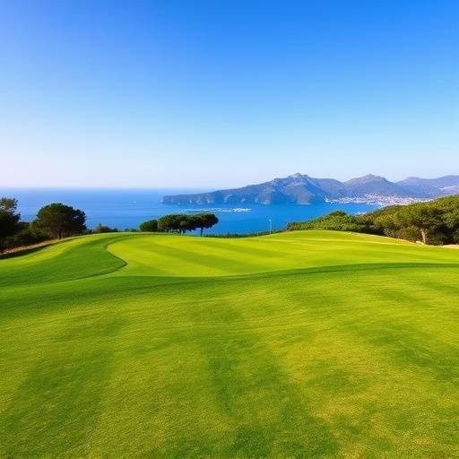 Imagen de un green bien cuidado en un campo de golf en Mallorca con monta&ntilde;as y el mar al fondo
