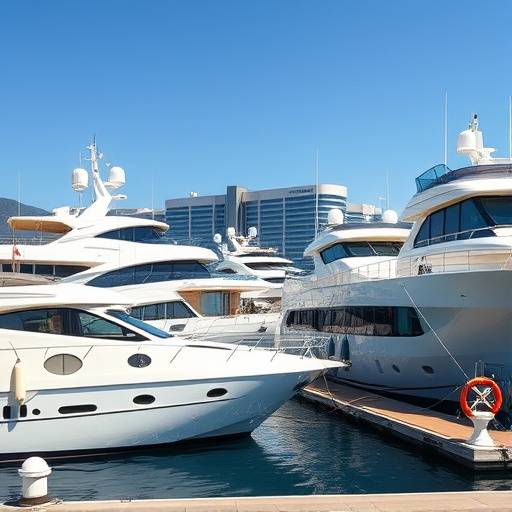 Imagen del puerto deportivo de Puerto Ban&uuml;s en Marbella, mostrando yates de lujo y tiendas de dise&ntilde;o a lo largo del muelle.
