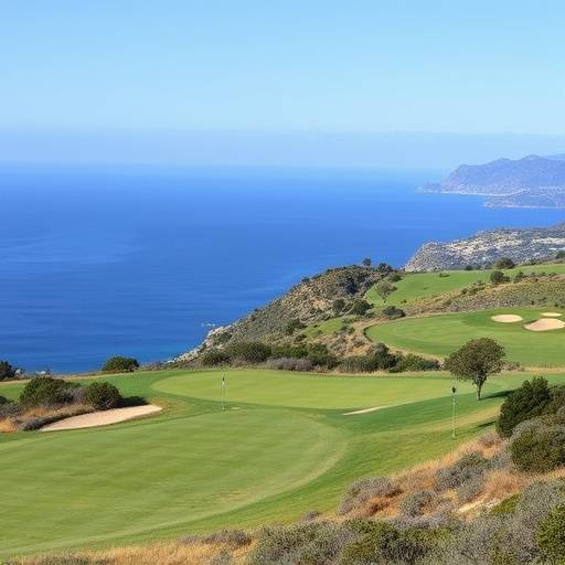 Paisaje de un campo de golf en Mallorca con vistas al mar Mediterr&aacute;neo, mostrando un hoyo desafiante y el cielo azul.