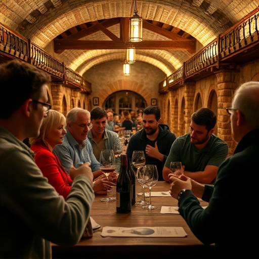Personas disfrutando de una cata de vinos en una bodega espa&ntilde;ola.