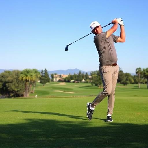 Un golfista profesional haciendo un swing en el campo de golf Real Club de Golf El Prat, Barcelona